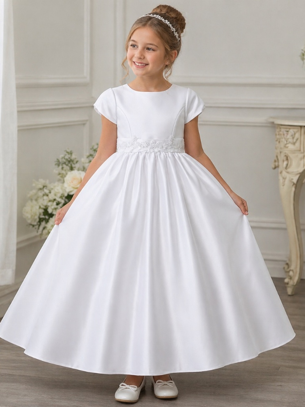 White Satin Flower Girl Dress Size 8 Elegant Wedding Communion Bow